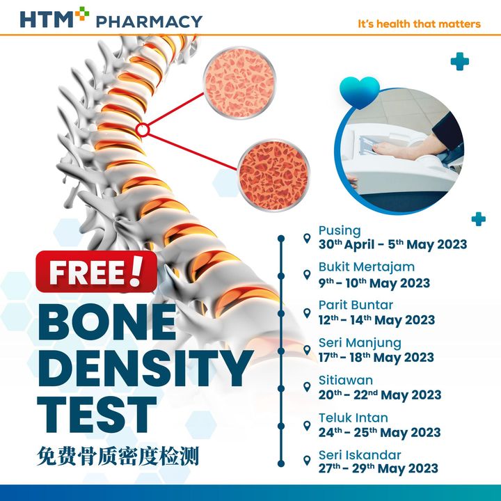 30 Apr 29 May 2023: HTM Pharmacy Free bone density test in May