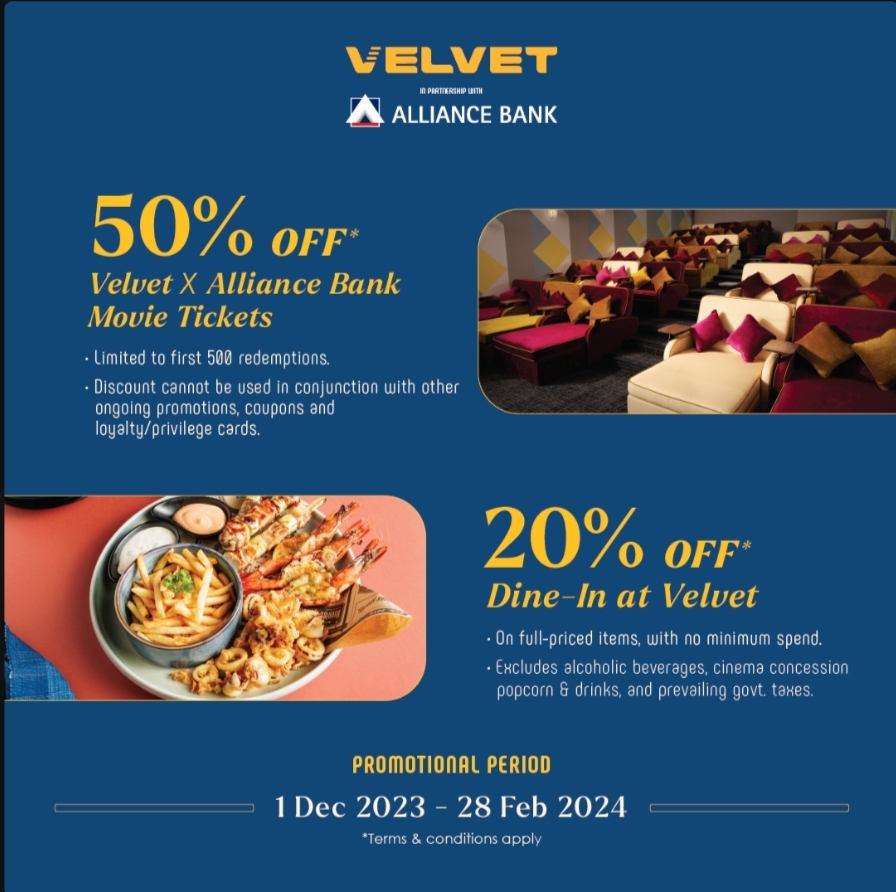 Now till 28 Feb 2024 Velvet Cinemas 50 Off Movie Tickets & 20 off