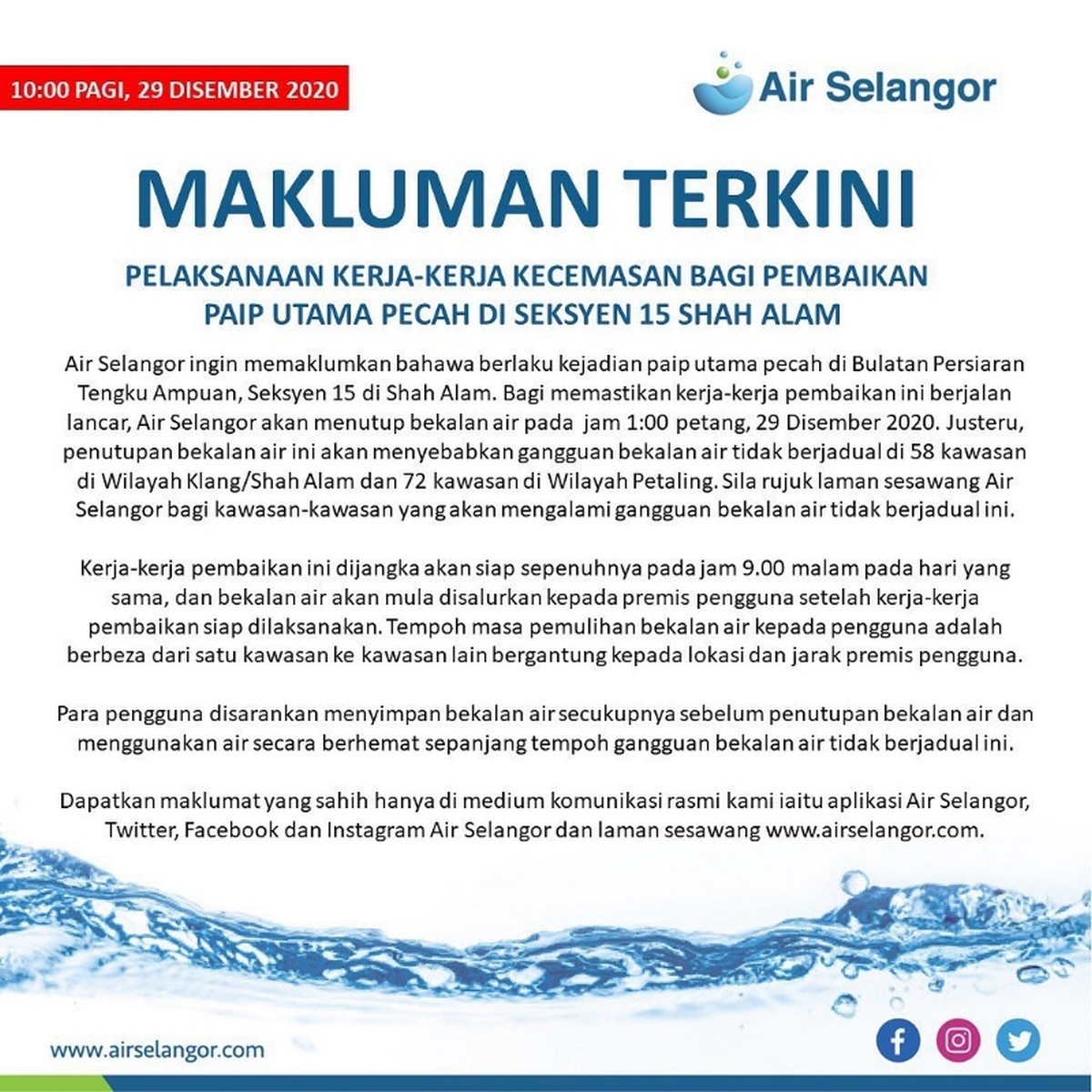 Water Pipe Burst Again In Shah Alam With 130 District Affected Everydayonsales Com News